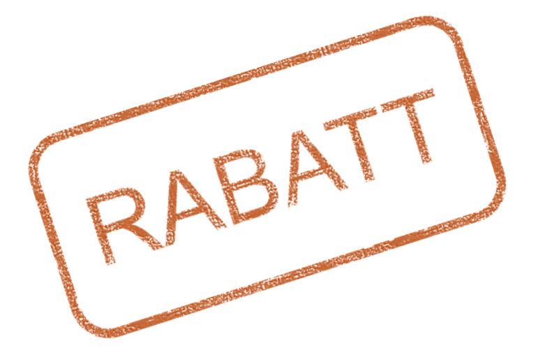 Stempel mit dem Wort "Rabatt" in Orange auf weißem Hintergrund.