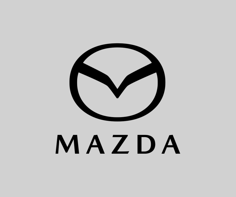 Mazda-Logo in schwarzer Farbe auf grauem Hintergrund.